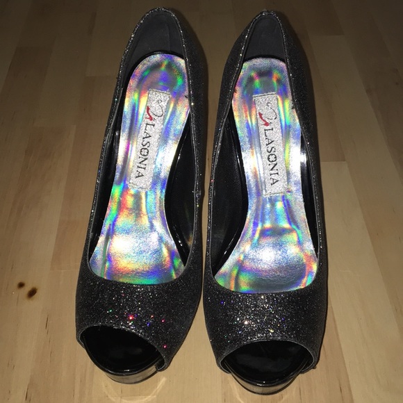 ✨ Black Glitter Peep Toe Heels - Picture 4 of 4